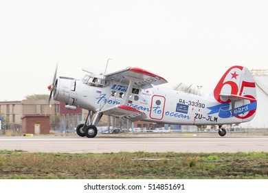 PRETORIA, SOUTH AFRICA-SEPTEMBER 17 2016: Little Annie, An Antonov AN-2 Biplane, Taking Off At  The African Air Defense Show At AFB Waterkloof