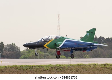 PRETORIA, SOUTH AFRICA-SEPTEMBER 17 2016: A Hawk Trainer Is South African Flag Colors Landing At The African Air Defense Show At AFB Waterkloof