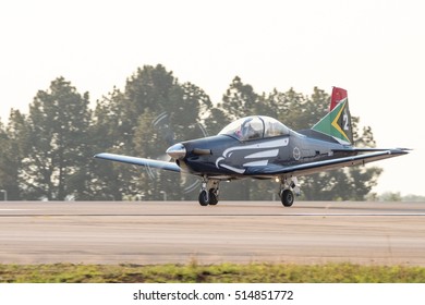 PRETORIA, SOUTH AFRICA-SEPTEMBER 17 2016: Siver Falcon Aerobatic Team Pilatus Landing At The African Air Defense Show At AFB Waterkloof