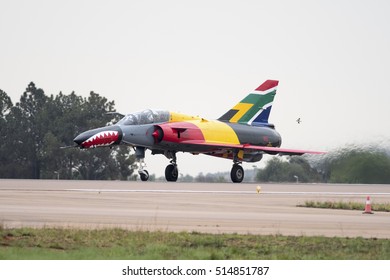 PRETORIA, SOUTH AFRICA-SEPTEMBER 17 2016: Brightly Coloured Ex-SAAF Cheetah Jet Takes Off At  The African Air Defense Show At AFB Waterkloof