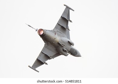 PRETORIA, SOUTH AFRICA-SEPTEMBER 17 2016: A Gripen Fighter Banks Away With Full Afterburner  At  The African Air Defense Show At AFB Waterkloof