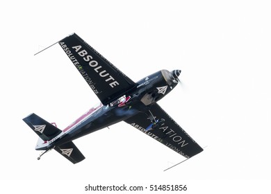 PRETORIA, SOUTH AFRICA-SEPTEMBER 17 2016: Jason Beamish Fly Past From Below In His Extra Aerobatic Aircraft At The African Air Defense Show At AFB Waterkloof