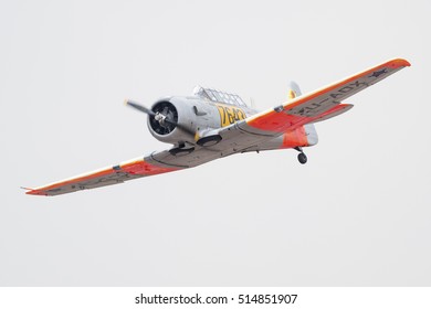 PRETORIA, SOUTH AFRICA-SEPTEMBER 17 2016: Fly Past From A T-6 Harvard Trainer In Old SAAF Colours At  The African Air Defense Show At AFB Waterkloof