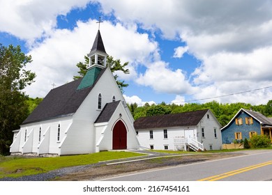 Pretty 1888 recently renovated St. Matthias anglican church in Fitch Bay in the Estrie region seen during a spring morning, Quebec, Canada