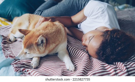 Pretty African American Teenage Girl And Her Loyal Dog Are Sleeping Together On Bed At Home, Person Is Hugging Animal In Sleep. Trust, Love And Rest Concept.