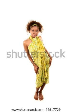 Pretty African-American Woman in Green Wrap Dress on White Background