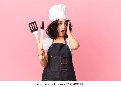 Pretty Arab Woman Feeling Happy, Excited And Surprised. Barbeque Chef Concept