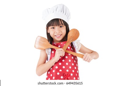 Pretty Asian Child Holding Cooking Utensils Isolated On White Background