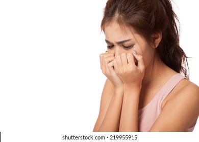 Pretty Asian Girl Crying  Isolated On White Background