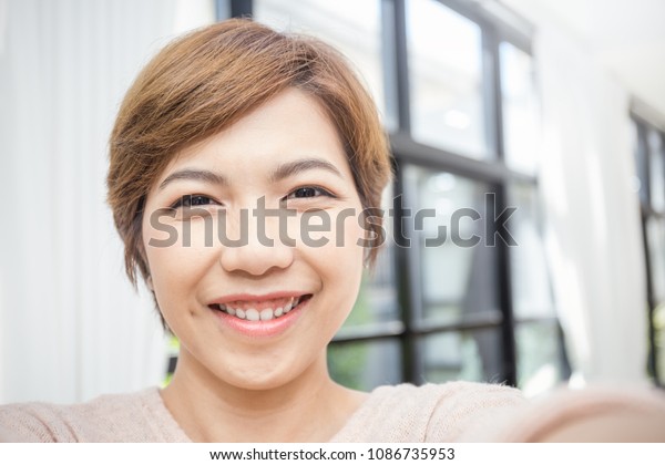 Pretty Asian Short Hair Woman Take Stock Photo Edit Now 1086735953