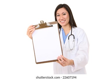 A Pretty Asian Woman Nurse Holding Clipboard