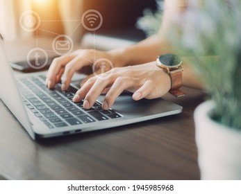 Pretty asian woman work at home with her labtop. Freelance woman using laptop computer for marketing or playing social media and website, Social network technology concept. - Shutterstock ID 1945985968