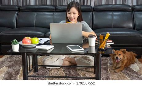 Pretty Asian Woman Working Remotely From Home Using Laptop Sitting On The Couch Or Sofa In Living Room For Work Online With Pet Puppy Cute Dog And Guardian, Work Life Balance Concept