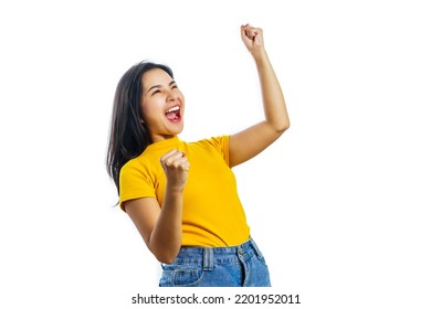 Pretty asian women soccer fans celebrating over white background isolated. - Shutterstock ID 2201952011
