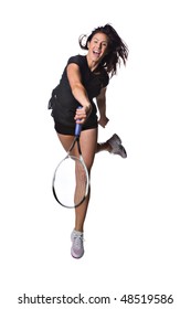 A Pretty, Athletic Female Tennis Player Isolated On A White Background.