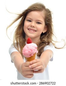 Pretty Baby Girl Kid Holding Ice Cream In Waffles Cone With Raspberry Showing Happy Smiling Isolated On A White Background