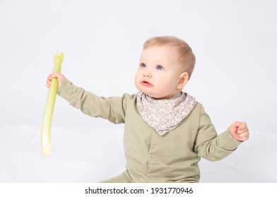 Pretty Baby Holds A Stem Of Celery, White Background