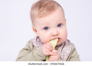 Pretty Baby Holds A Stem Of Celery, White Background