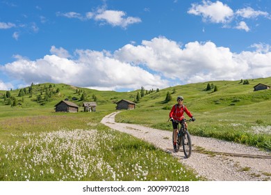 pretty beautiful senior woman riding her electric mountain bike on the Pralongia Plateau in the Alta Badia Dolomites , South Tirol and Trentino, Italy