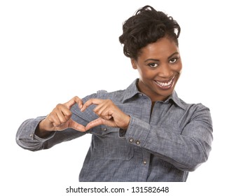 Pretty Black Woman Showing Heart Sign On White Background