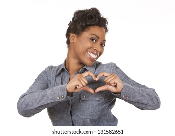 Pretty Black Woman Showing Heart Sign On White Background