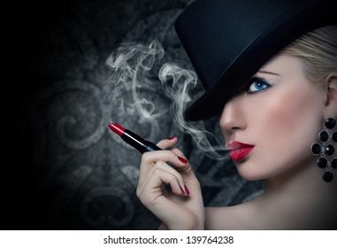 Pretty Blonde Girl With Cigarette And Red Lips