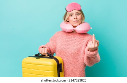 Pretty Blonde Woman Feeling Angry, Annoyed, Rebellious And Aggressive. Flight Passenger Concept