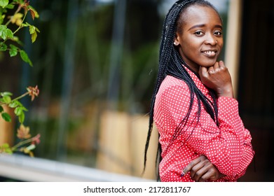 Pretty Braids Business African American Lady Bright Bossy Person Friendly Wear Office Red Shirt.