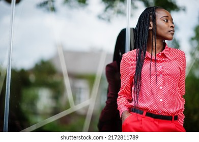 Pretty Braids Business African American Lady Bright Bossy Person Friendly Wear Office Red Shirt And Trousers. 