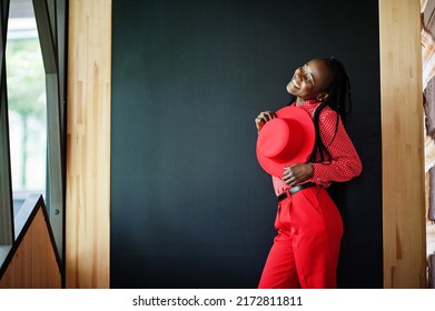 Pretty Braids Business African American Lady Bright Bossy Person Friendly Wear Office Red Shirt, Hat And Trousers. 