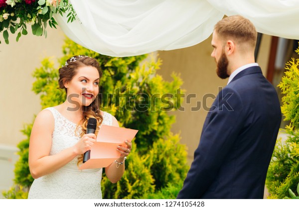 Pretty Bride Wedding Dress Holds Microphone Stock Photo Edit Now