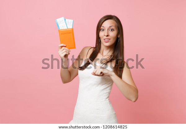 Pretty Bride Woman Wedding Dress Pointing Stock Photo Edit Now