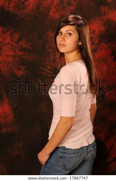 Pretty Brown Haired Teenage Girl Pink Stock Photo Edit Now 17887747