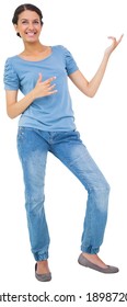 Pretty Brunette Playing Air Guitar On White Background