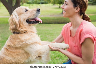 Pretty brunette playing with her dog in the park on a sunny day
