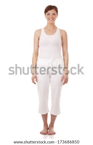 pretty brunette in white active wear on white background