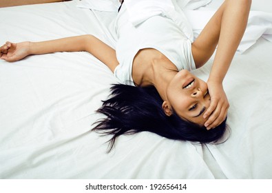 Pretty Brunette Woman In Bed, Cant Sleep