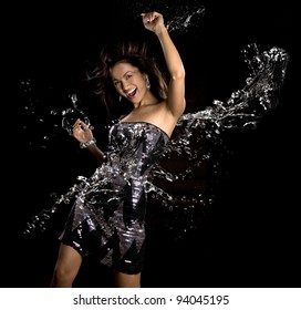 Pretty Brunette Woman Having Fun On Black Background