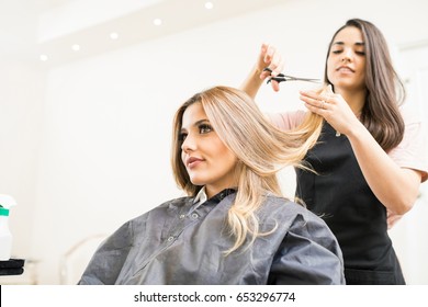 Pretty brunette working as a hairdresser and cutting hair tips of a female customer in a beauty salon - Shutterstock ID 653296774