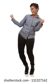 Pretty Casual Black Woman Is Very Happy On White Background