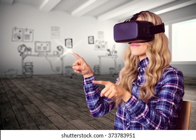 Pretty casual worker using oculus rift against doodle office in hallway