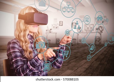 Pretty casual worker using VR headshet against doodle on wall in office hallway - Powered by Shutterstock