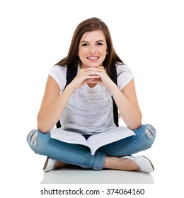 Pretty College Student Relaxing On The Floor Isolated On White