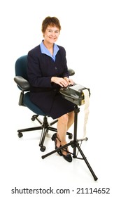 Pretty court reporter using a stenograph machine.  Full body isolated on white.