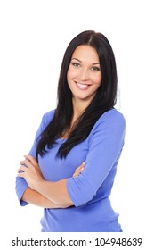 Pretty Excited Woman Happy Smile, Young Attractive Girl Portrait Stand Folded Hands Wear Shirt, Looking At Camera Toothy Smiling Isolated Over White Background