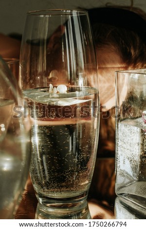 pretty face of a young woman photographed close up through glass vases filled with water and flowers and reflected in the mirror below