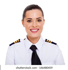 pretty female airline pilot closeup portrait isolated on white