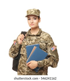 Pretty Female Cadet Of Military School On White Background