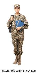 Pretty Female Cadet Of Military School On White Background