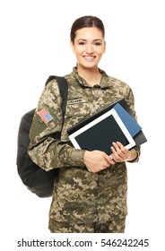 Pretty Female Cadet Of Military School On White Background